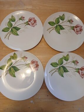Knowles Pink Rose and Green Leaf Dinner Plates - Set of 4